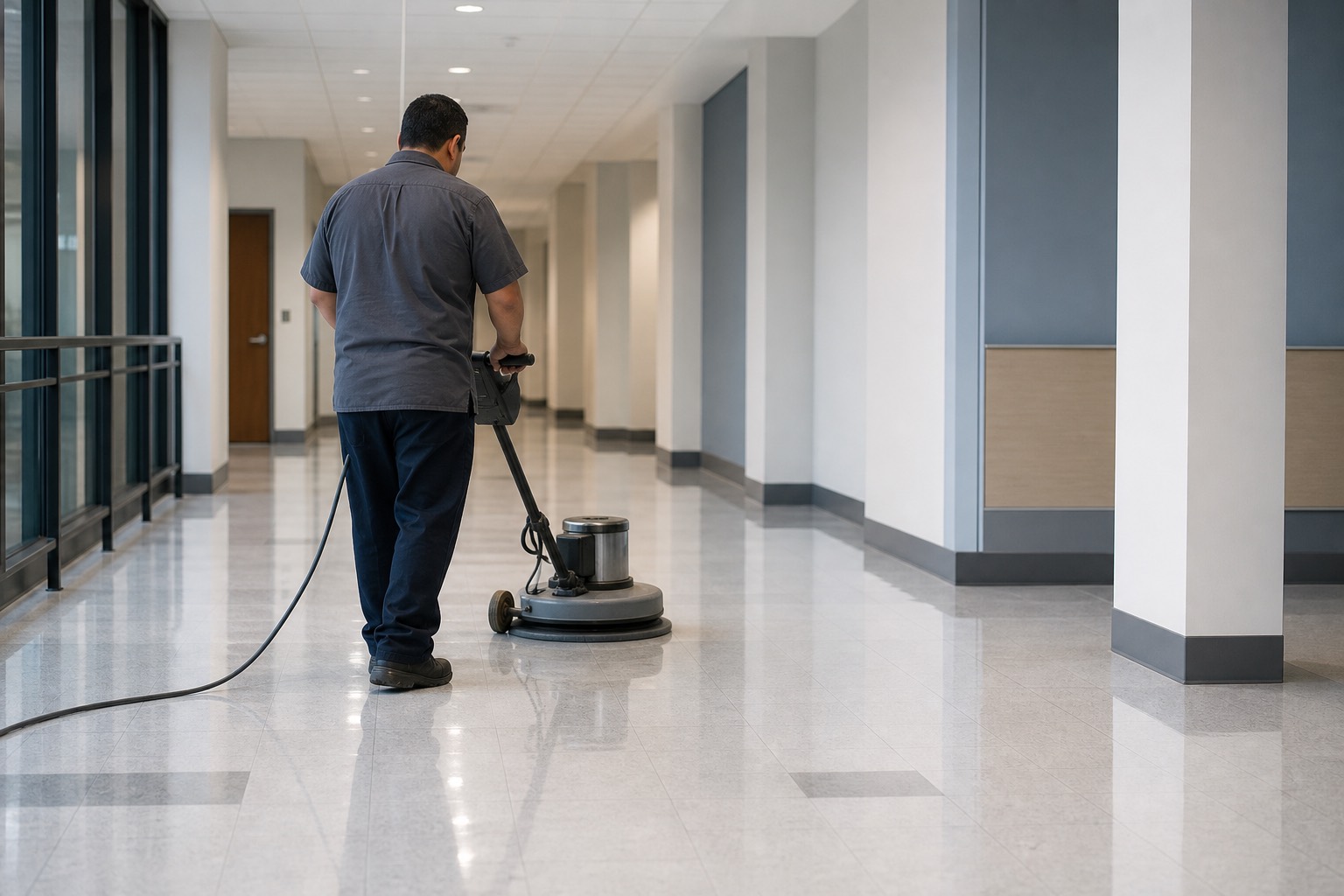 Unbranded high-speed burnisher operating on a commercial corridor floor
