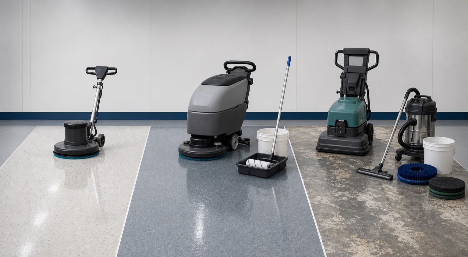 Commercial floor-maintenance equipment arranged from burnishing through recoating to full stripping