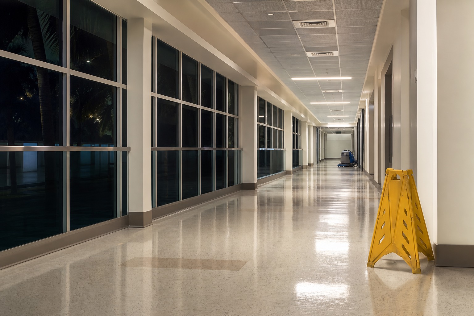 Empty lit corridor at night with a barricade protecting a floor-care work zone