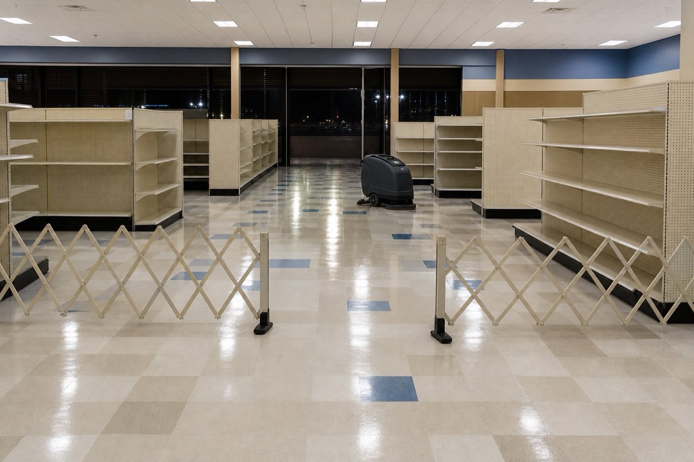 Empty unbranded retail sales floor with a phased floor-care zone after closing