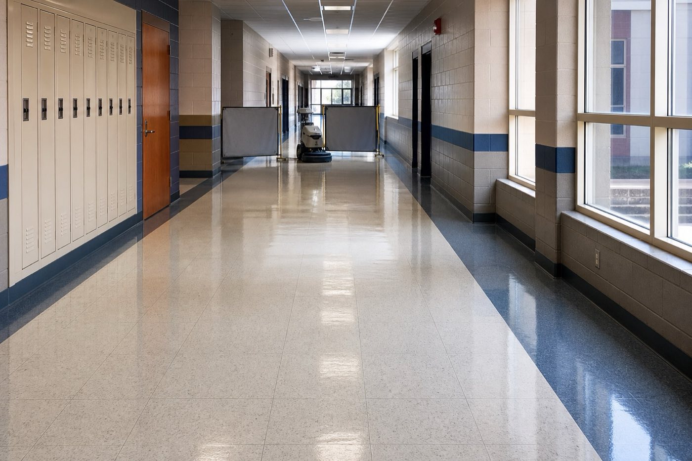 Empty generic public-school corridor prepared for a summer floor-care shutdown